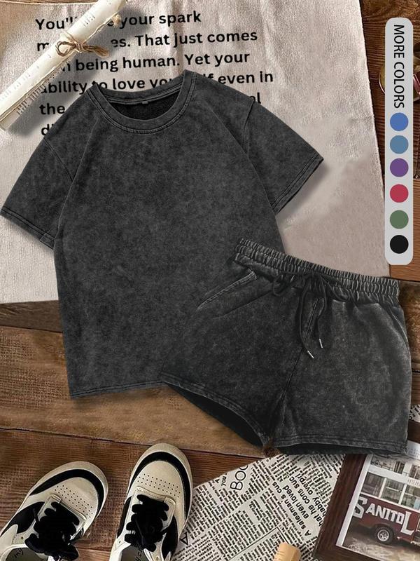 Two-piece Set Women's Solid Color Shortsleeve Tee & Denim-effect Print Shorts Cotton Set
