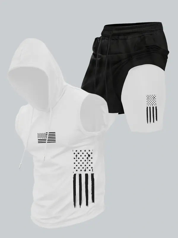 Season promotion--Two-piece Set Men's American Flag Print Hooded Tank Top & Shorts Set