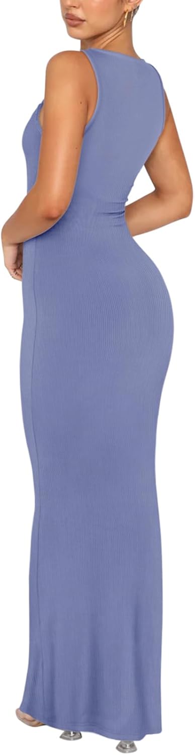 Women's Basic Sexy Lounge Slip Long Dress Elegant Sleeveless Backless Ribbed Bodycon Maxi Dresses