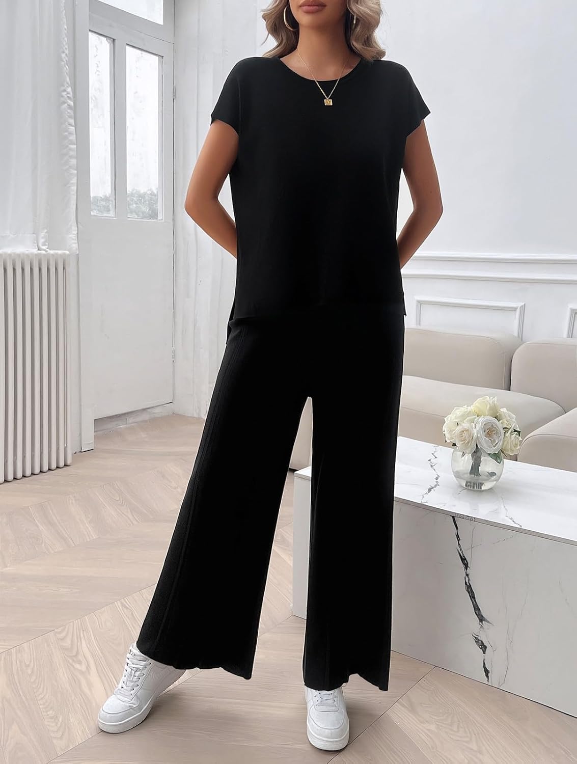Womens 2 Pieces Lounge Sets Knit Sweater Sets Casual Cap Sleeve Tops with Wide Leg Pants Tracksuits