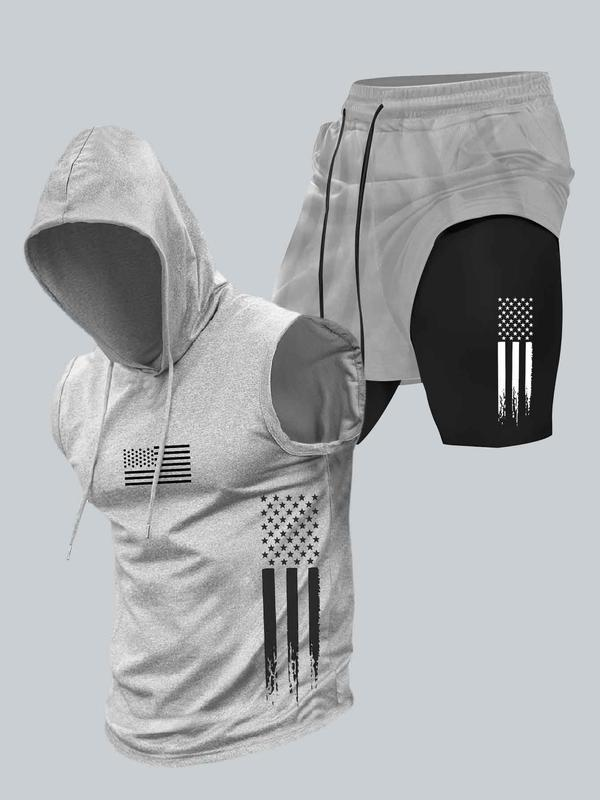 Season promotion--Two-piece Set Men's American Flag Print Hooded Tank Top & Shorts Set