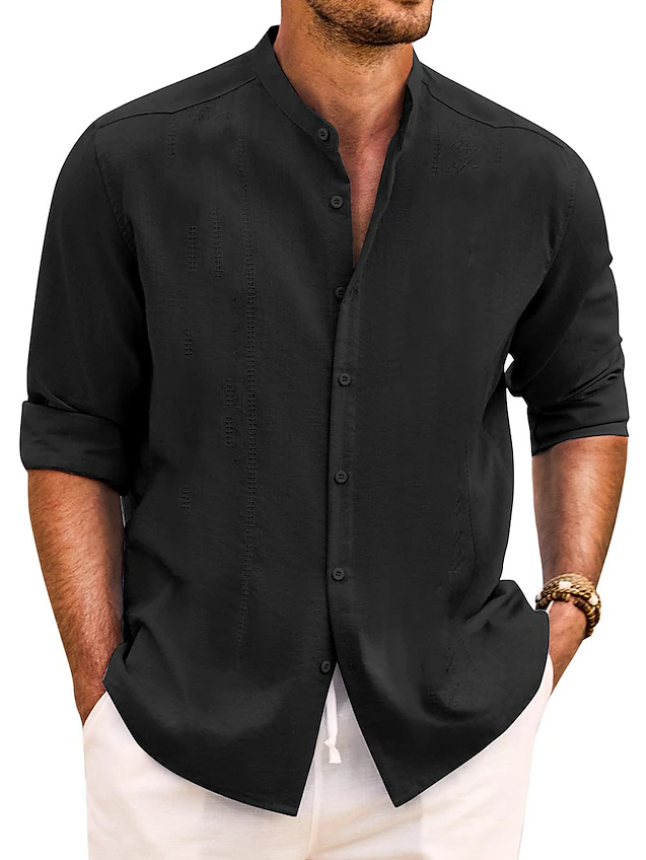 Men's Shirt Band Collar Shirt Summer Shirt Beach Wear Casual Shirt Button Up Shirt Plain Vacation Casual Black White Pink Green Long Sleeve Band Collar Spring & Summer Clothing Apparel
