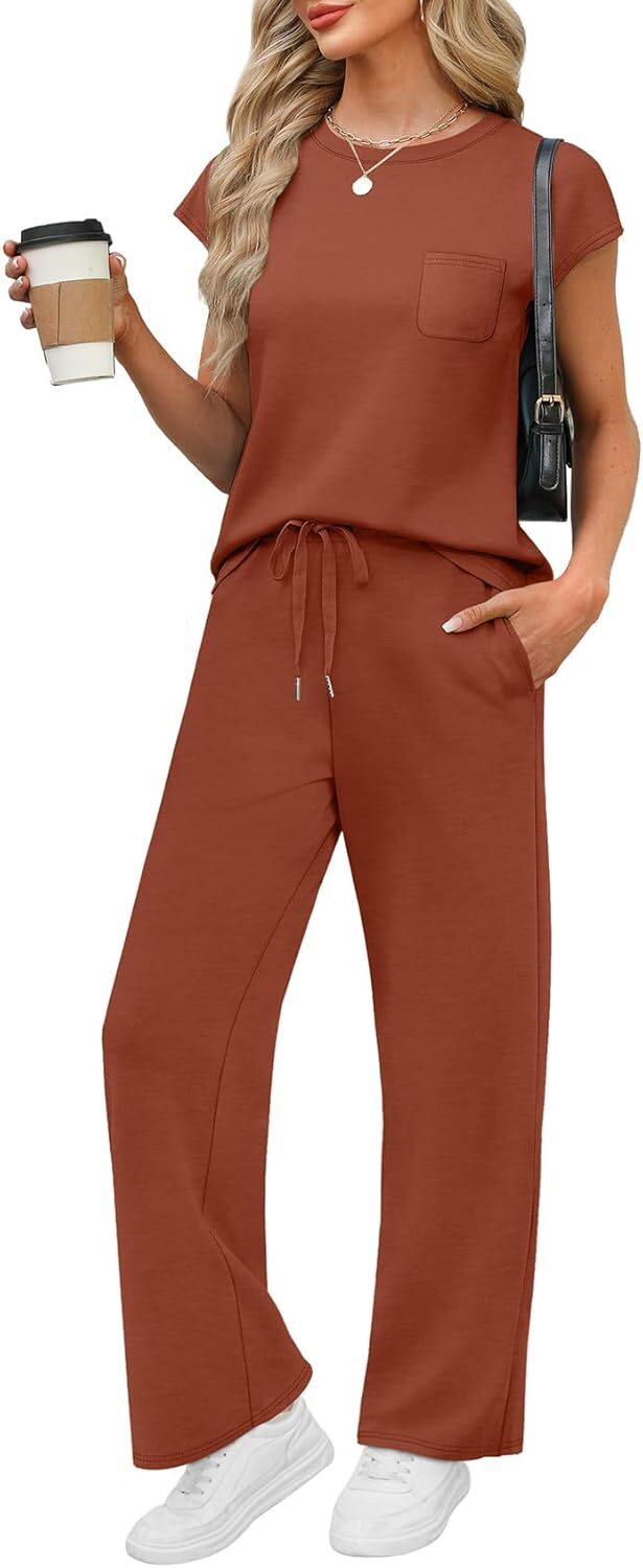 🔥 Hot selling model-2 Piece Sets for Women Casual Summer Travel Vacation Outfits Cap Sleeve Lounge Set