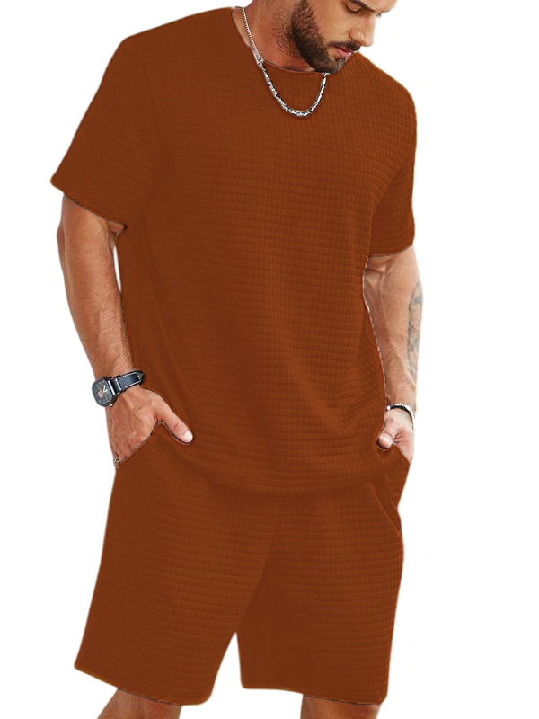 Two-Piece Set Men's Solid Waffle Knit Short Sleeve Tee & Pocket Shorts Set