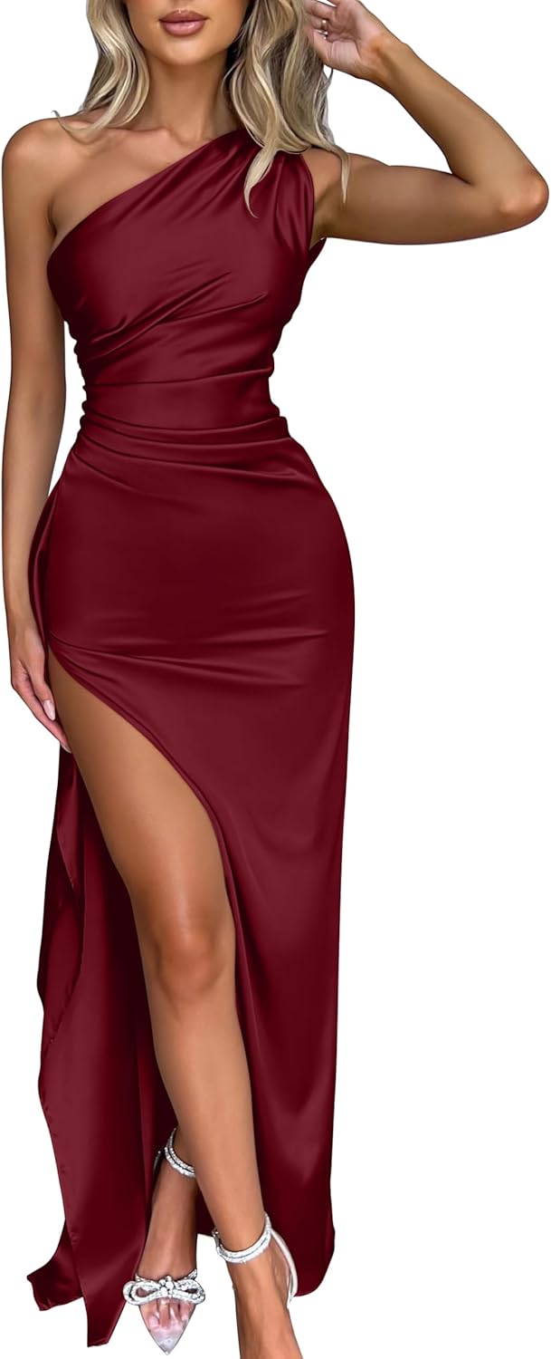 Women's Sexy One Shoulder High Split Cocktail Wedding Party Maxi Dress