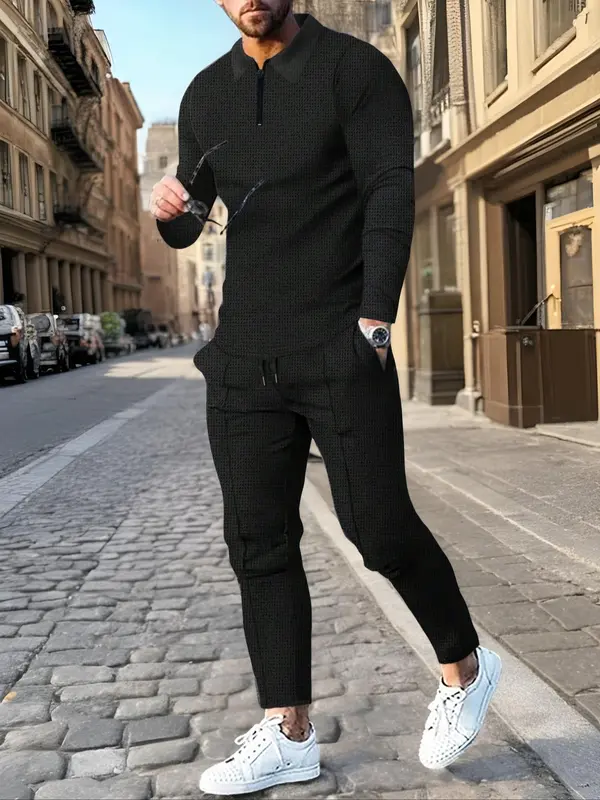 Men's Solid Textured Long Sleeve Polo Shirt & Drawstring Waist Pants Matching Sets