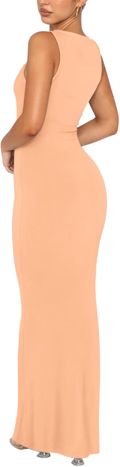 Women's Basic Sexy Lounge Slip Long Dress Elegant Sleeveless Backless Ribbed Bodycon Maxi Dresses