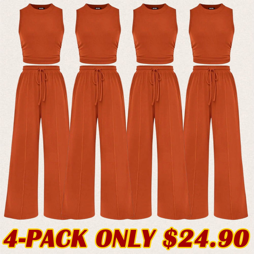 Women's Summer 2-Piece Outfits - Ribbed Knit Crew Neck Sleeveless Cropped Top & Wide Leg Pants Lounge Set