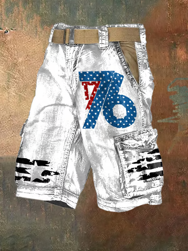 Men's Vintage Flag Independence Day Multi-Pocket Print Cargo Shorts (Belt Included)