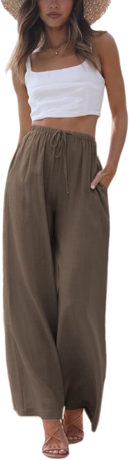 Women's Cotton Linen Summer Palazzo Pants Flowy Wide Leg Beach Trousers with Pockets
