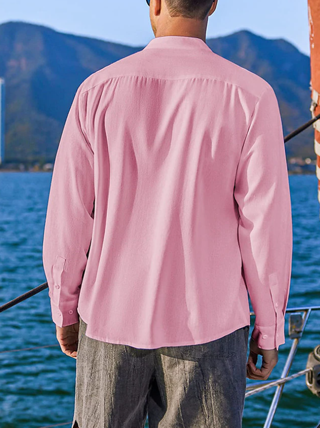 Men's Shirt Band Collar Shirt Summer Shirt Beach Wear Casual Shirt Button Up Shirt Plain Vacation Casual Black White Pink Green Long Sleeve Band Collar Spring & Summer Clothing Apparel