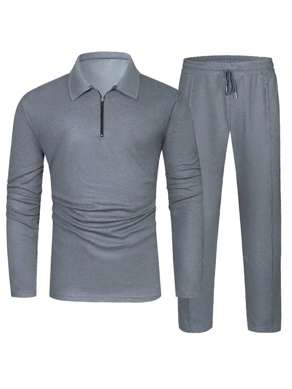 Men's Solid Textured Long Sleeve Polo Shirt & Drawstring Waist Pants Matching Sets