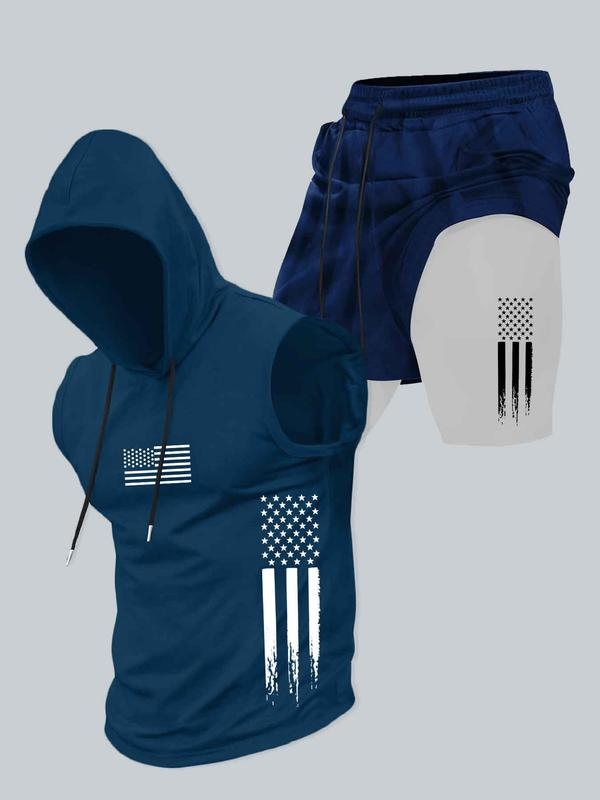 Season promotion--Two-piece Set Men's American Flag Print Hooded Tank Top & Shorts Set