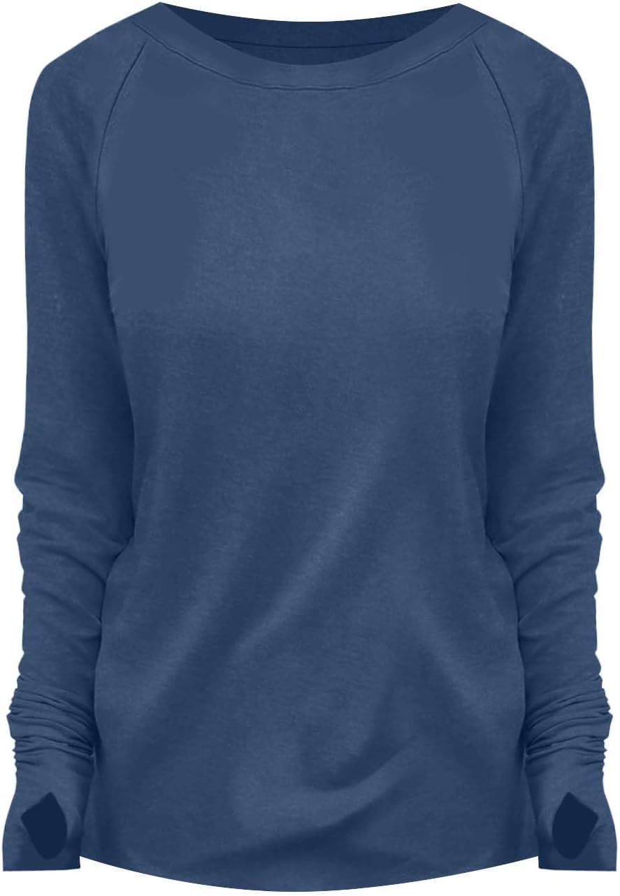 Womens Tunic Tops to Wear with Leggings Long Sleeve Thumb Hole Shirts Crew Neck Curved Hem Fall Winter Clothes