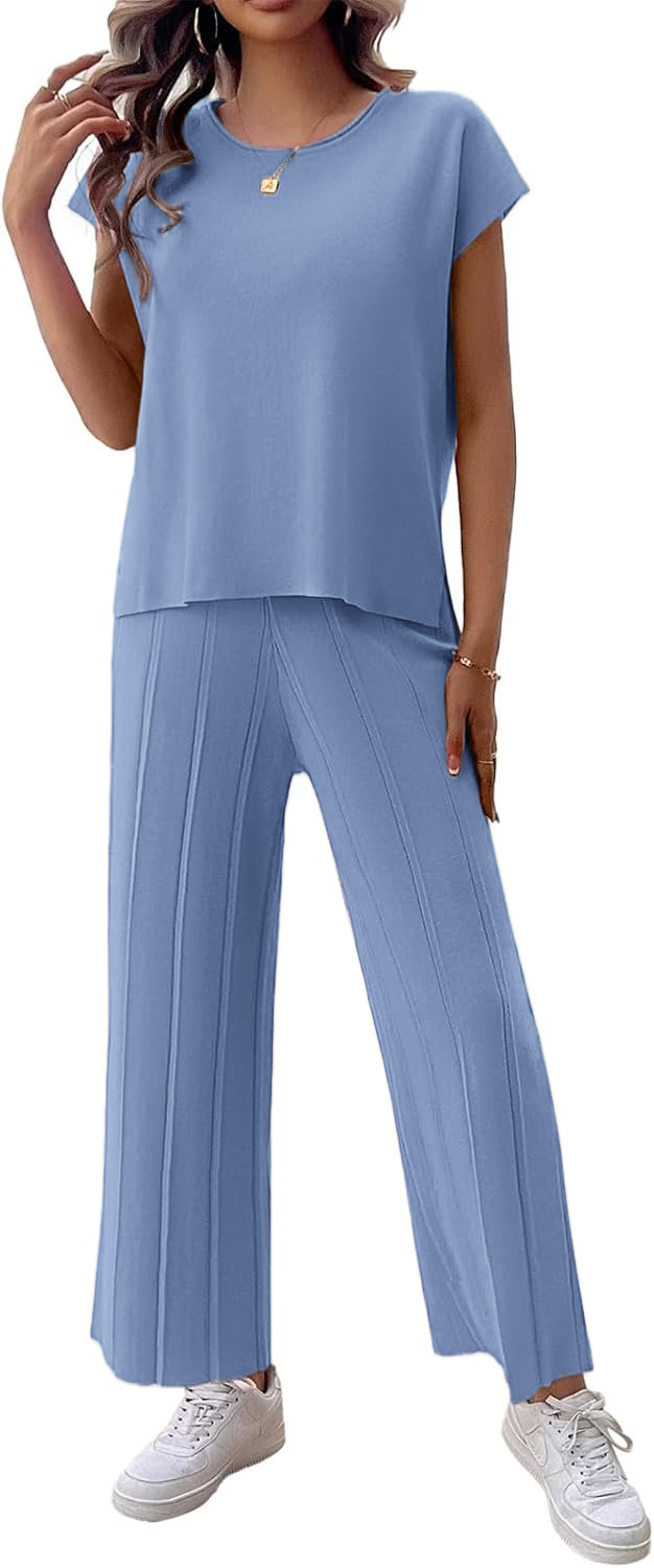 Womens 2 Pieces Lounge Sets Knit Sweater Sets Casual Cap Sleeve Tops with Wide Leg Pants Tracksuits
