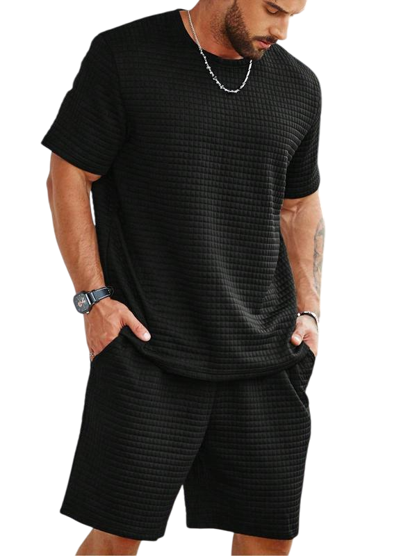 Two-Piece Set Men's Solid Waffle Knit Short Sleeve Tee & Pocket Shorts Set