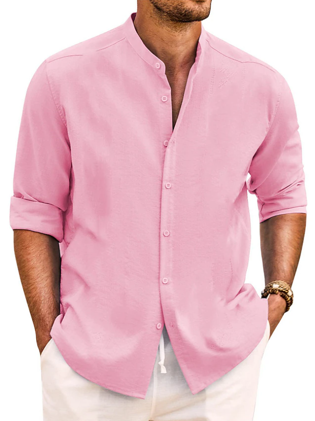 Men's Shirt Band Collar Shirt Summer Shirt Beach Wear Casual Shirt Button Up Shirt Plain Vacation Casual Black White Pink Green Long Sleeve Band Collar Spring & Summer Clothing Apparel
