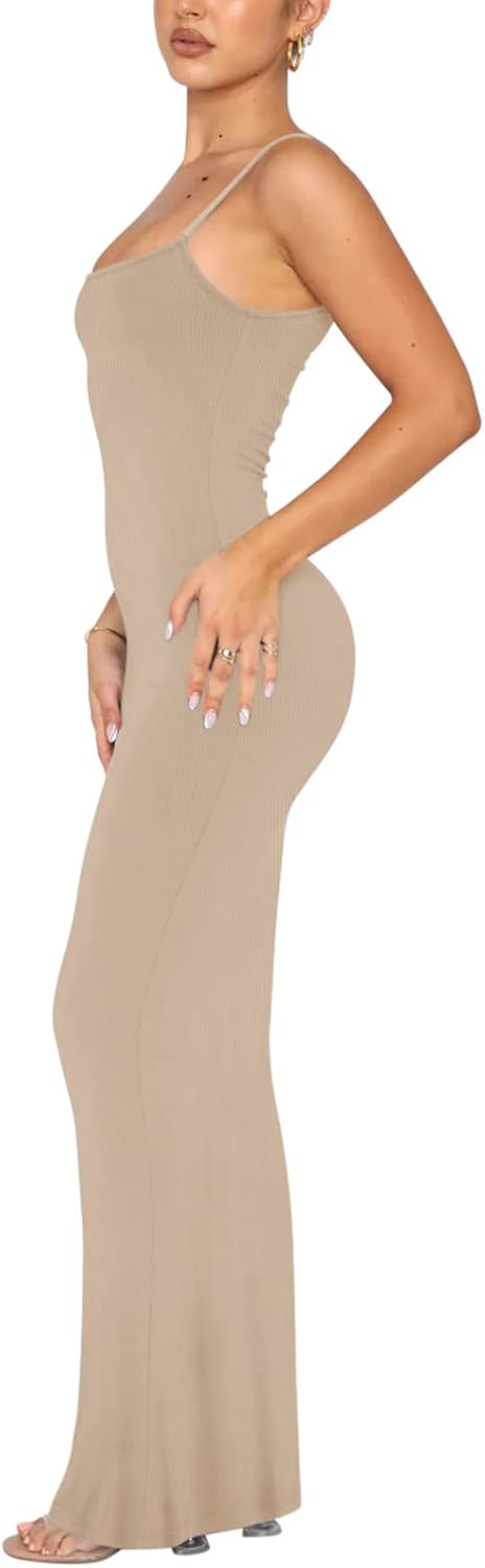Women's Basic Sexy Lounge Slip Long Dress Elegant Sleeveless Backless Ribbed Bodycon Maxi Dresses