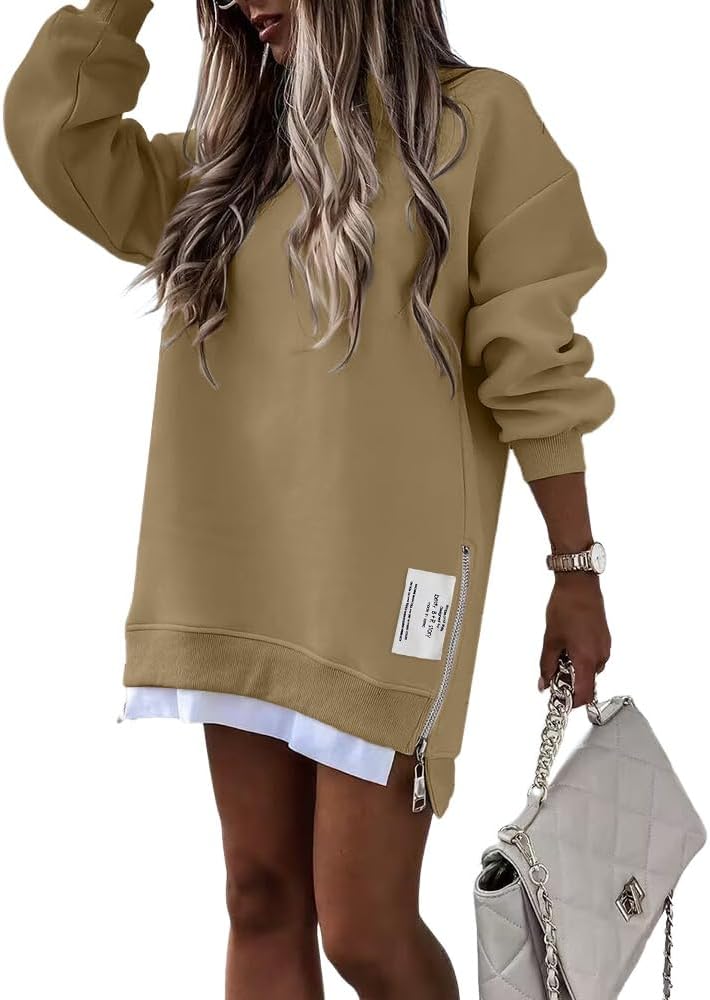 Womens Long Sleeve Zipper Slit Oversized Sweatshirt 2025 Casual Pullover Zipper Hoodies Fall Clothes