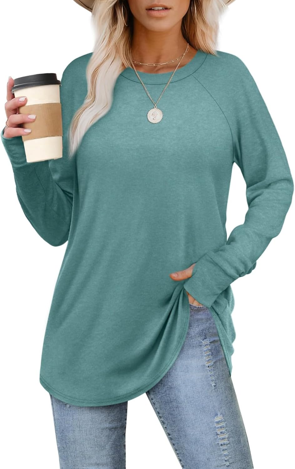 Womens Tunic Tops to Wear with Leggings Long Sleeve Thumb Hole Shirts Crew Neck Curved Hem Fall Winter Clothes