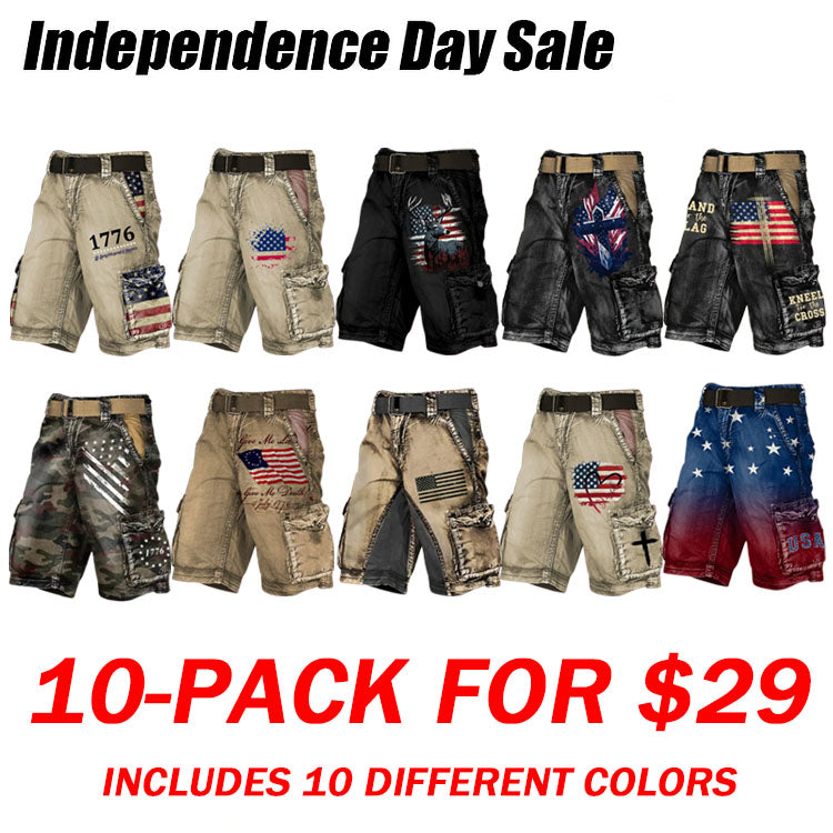 Men's Vintage Flag Independence Day Multi-Pocket Print Cargo Shorts (Belt Included)