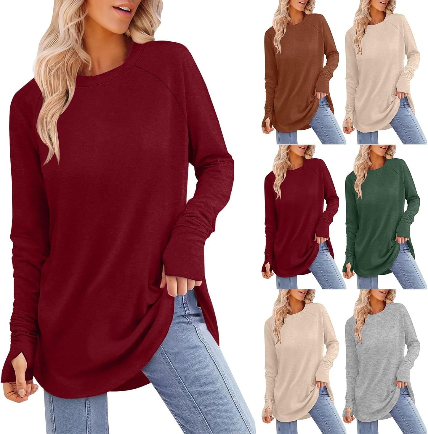 Womens Tunic Tops to Wear with Leggings Long Sleeve Thumb Hole Shirts Crew Neck Curved Hem Fall Winter Clothes