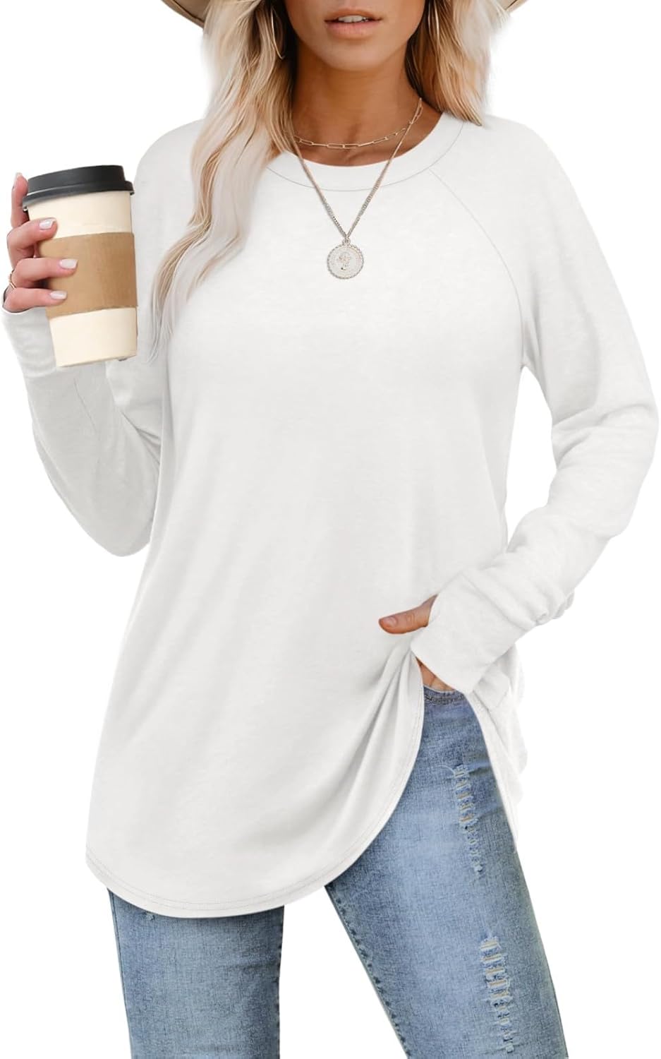 Womens Tunic Tops to Wear with Leggings Long Sleeve Thumb Hole Shirts Crew Neck Curved Hem Fall Winter Clothes