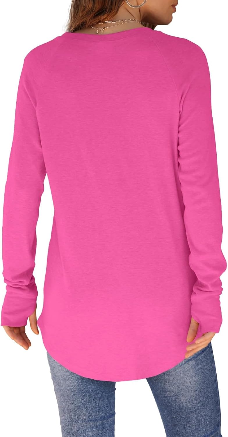 Womens Tunic Tops to Wear with Leggings Long Sleeve Thumb Hole Shirts Crew Neck Curved Hem Fall Winter Clothes