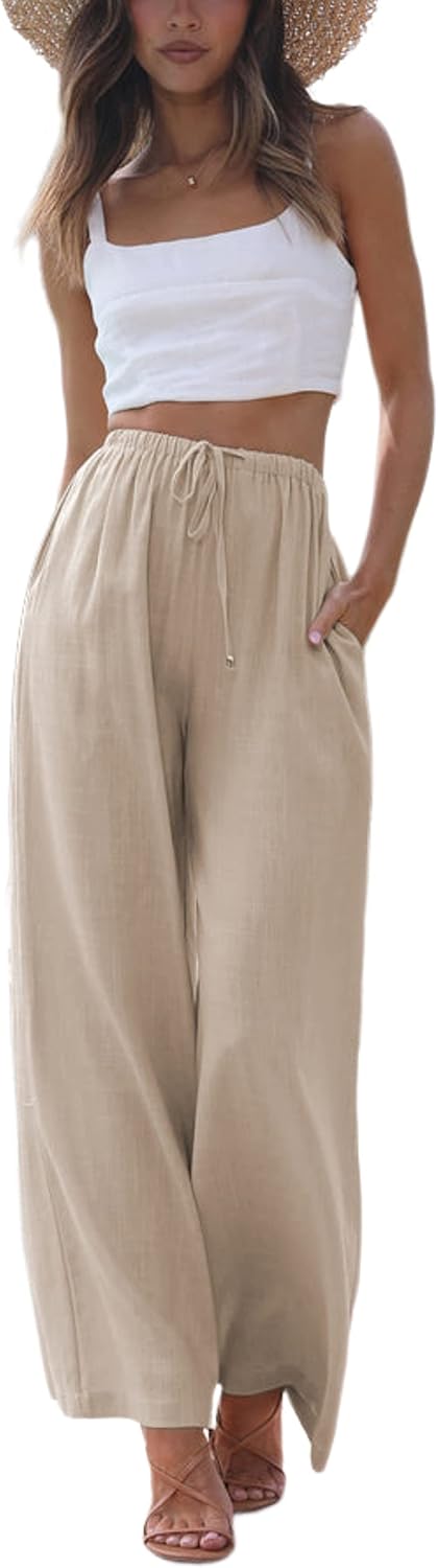 Women's Cotton Linen Summer Palazzo Pants Flowy Wide Leg Beach Trousers with Pockets