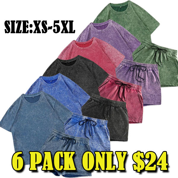 Two-piece Set Women's Solid Color Shortsleeve Tee & Denim-effect Print Shorts Cotton Set