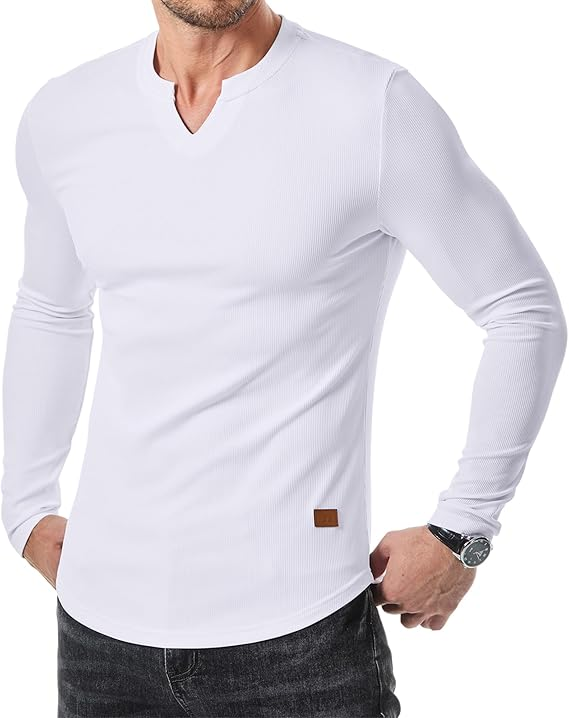 Men's Plain Casual Muscle Shirts for Men Slim Fitted T Shirt V-Neck Longline Ribbed Tees