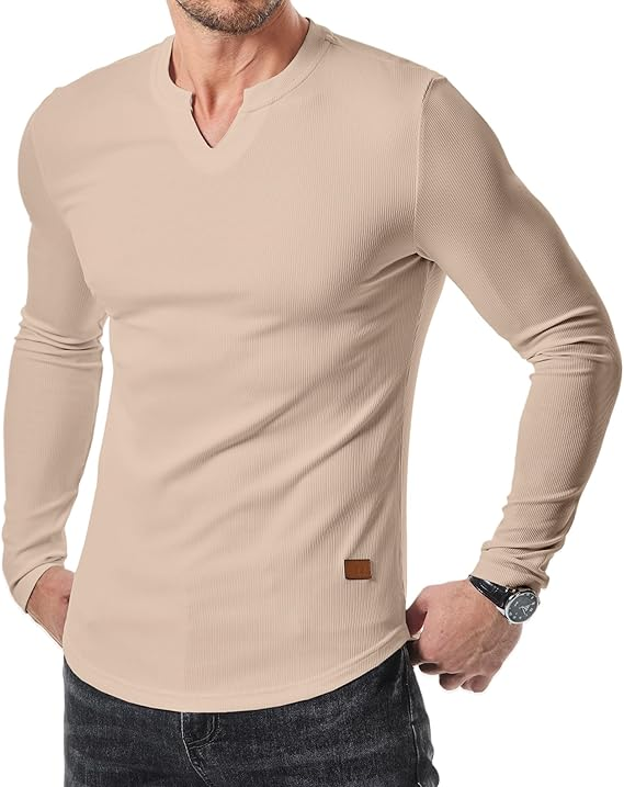 Men's Plain Casual Muscle Shirts for Men Slim Fitted T Shirt V-Neck Longline Ribbed Tees