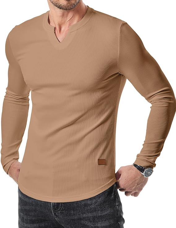 Men's Plain Casual Muscle Shirts for Men Slim Fitted T Shirt V-Neck Longline Ribbed Tees