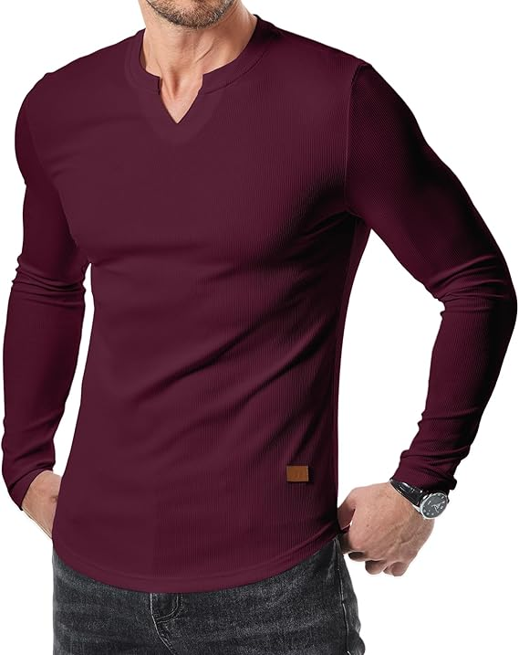 Men's Plain Casual Muscle Shirts for Men Slim Fitted T Shirt V-Neck Longline Ribbed Tees
