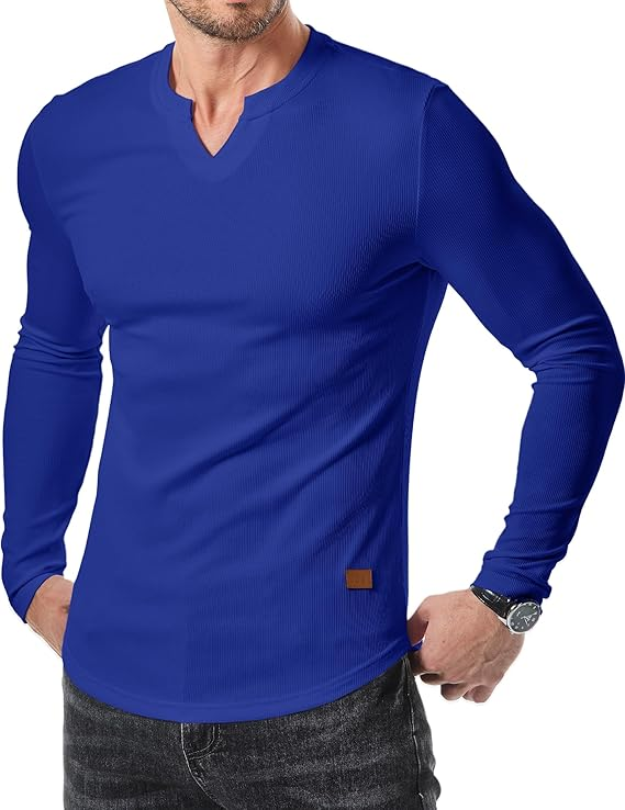 Men's Plain Casual Muscle Shirts for Men Slim Fitted T Shirt V-Neck Longline Ribbed Tees