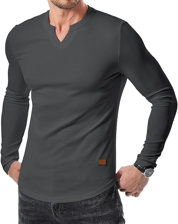 Men's Plain Casual Muscle Shirts for Men Slim Fitted T Shirt V-Neck Longline Ribbed Tees