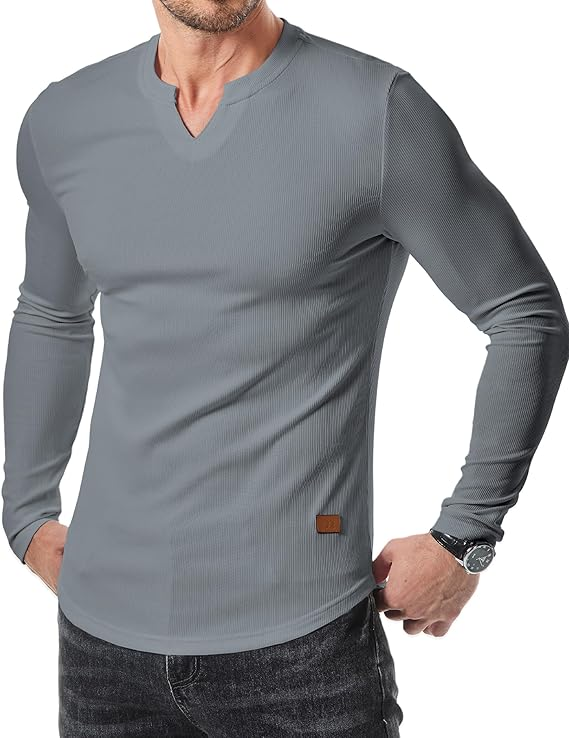 Men's Plain Casual Muscle Shirts for Men Slim Fitted T Shirt V-Neck Longline Ribbed Tees
