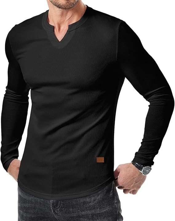 Men's Plain Casual Muscle Shirts for Men Slim Fitted T Shirt V-Neck Longline Ribbed Tees