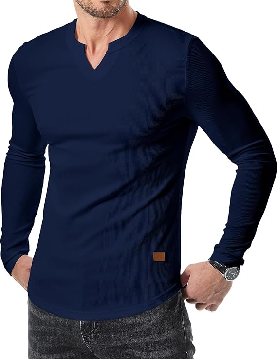Men's Plain Casual Muscle Shirts for Men Slim Fitted T Shirt V-Neck Longline Ribbed Tees