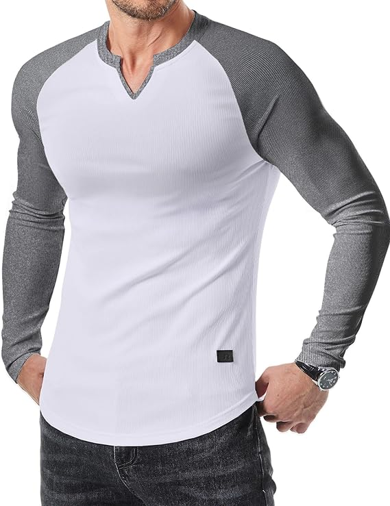 Men's Plain Casual Muscle Shirts for Men Slim Fitted T Shirt V-Neck Longline Ribbed Tees