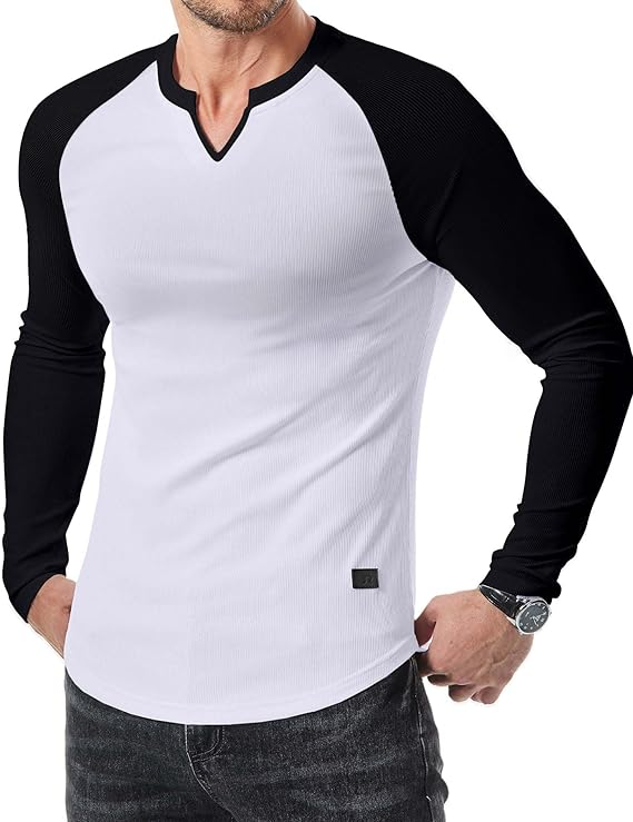 Men's Plain Casual Muscle Shirts for Men Slim Fitted T Shirt V-Neck Longline Ribbed Tees