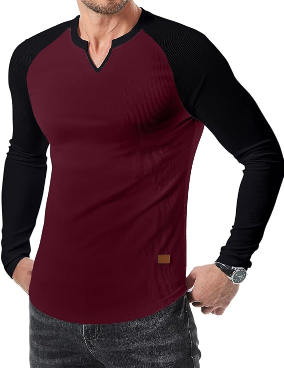 Men's Plain Casual Muscle Shirts for Men Slim Fitted T Shirt V-Neck Longline Ribbed Tees