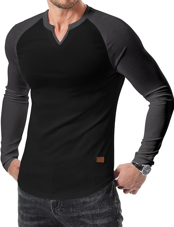 Men's Plain Casual Muscle Shirts for Men Slim Fitted T Shirt V-Neck Longline Ribbed Tees