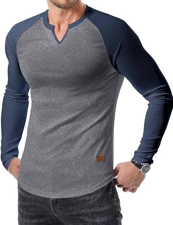 Men's Plain Casual Muscle Shirts for Men Slim Fitted T Shirt V-Neck Longline Ribbed Tees