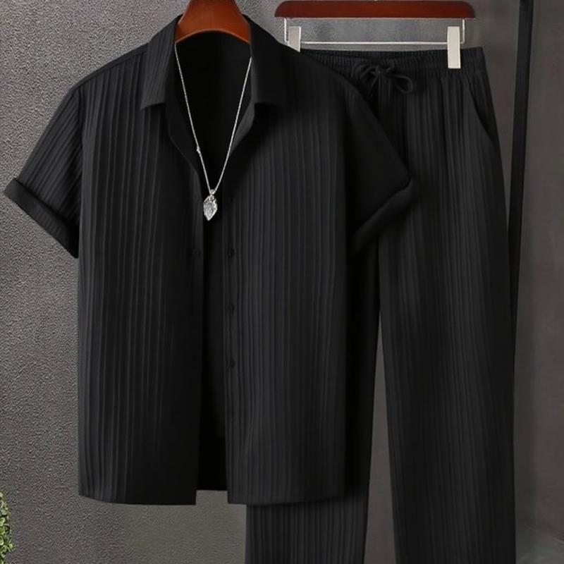 Men's 2pcs Button Front Maroon Shirt & Drawstring Pocket Pants Set
