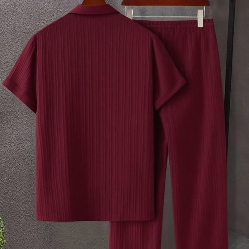 Men's 2pcs Button Front Maroon Shirt & Drawstring Pocket Pants Set
