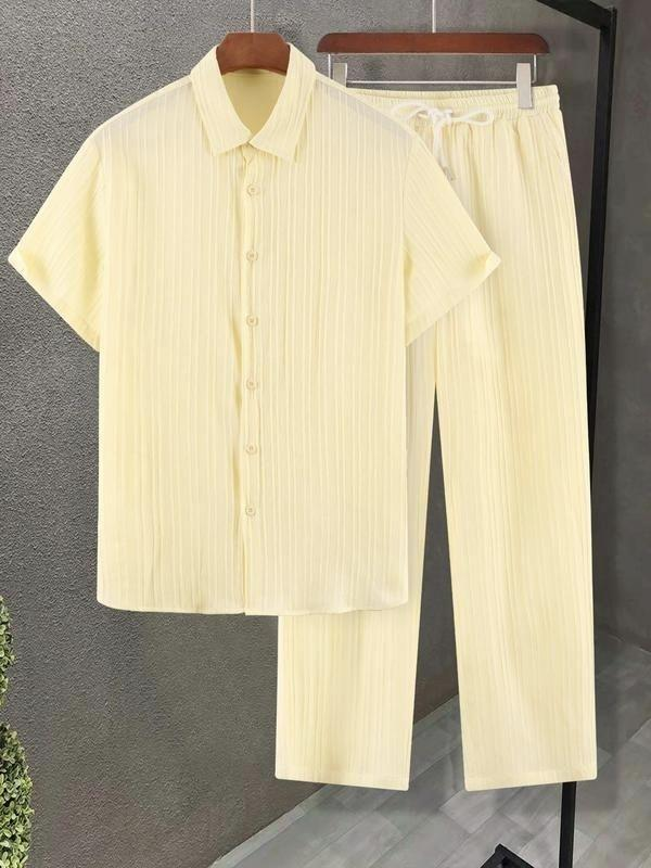 Men's 2pcs Button Front Maroon Shirt & Drawstring Pocket Pants Set