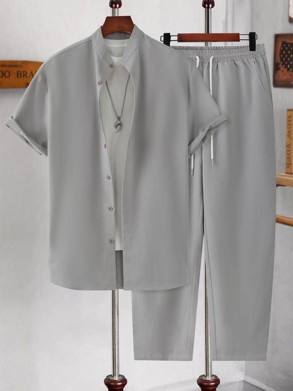 Men's 2pcs Button Front Maroon Shirt & Drawstring Pocket Pants Set