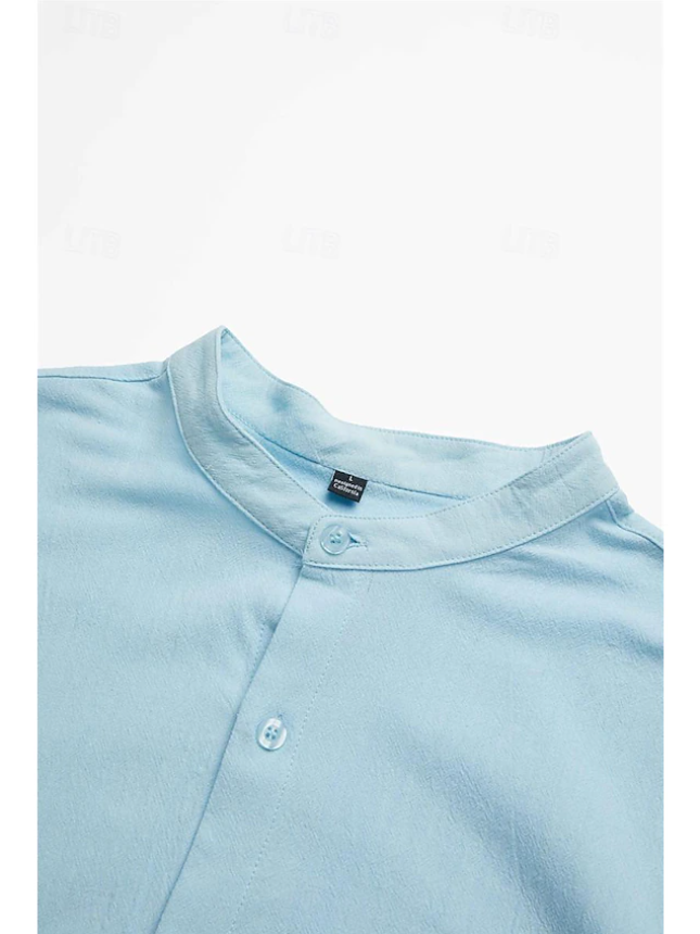 Men's Shirt Band Collar Shirt Summer Shirt Beach Wear Casual Shirt Button Up Shirt Plain Vacation Casual Black White Pink Green Long Sleeve Band Collar Spring & Summer Clothing Apparel