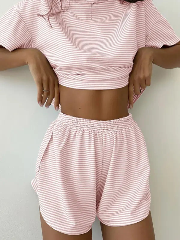 Two-Piece Set Women's Striped Print Drop Shoulder Tee